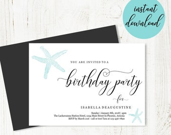 Beach Birthday Party Invitation Template, Printable Beach Theme Invite, Unique Simple Starfish Instant Download Digital File DIY PDF 5x7 4x6