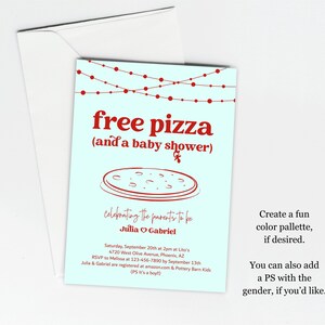 Może przedstawiać: Zaproszenie na baby shower z niebieskim tłem i czerwonym tekstem. Zaproszenie zawiera napis "darmowa pizza (i baby shower)" oraz grafikę pizzy. Zaproszenie zawiera r&oacute;wnież imiona "Julia" i "Gabriel" oraz datę i godzinę wydarzenia.
