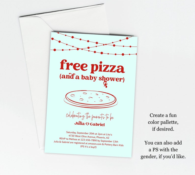Może przedstawiać: Zaproszenie na baby shower z niebieskim tłem i czerwonym tekstem. Zaproszenie zawiera napis "darmowa pizza (i baby shower)" oraz grafikę pizzy. Zaproszenie zawiera r&oacute;wnież imiona "Julia" i "Gabriel" oraz datę i godzinę wydarzenia.