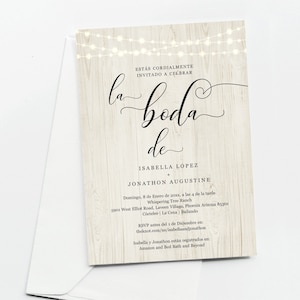 Convite de casamento espanhol tudo em um com RSVP e registro, selo para impressão e modelo de envio, convite simples de madeira rústica, download de arquivo digital