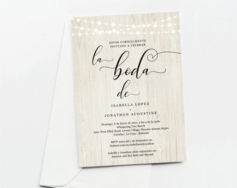 Spanish Wedding Invitation All in One w- RSVP and Registry, Printable Seal & Send Template, Simple Rustic Wood Invite, Download Digital File