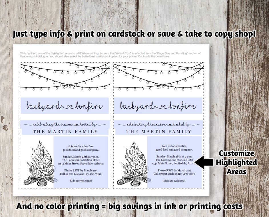 Backyard Bonfire Invitation Template Printable Fall Winter Party 
