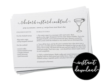 Editable Cocktail Recipe Card Template - Printable Bar Drink Recipe Card - Index Card Size 4x6 Easy DIY Digital File Instant Download PDF