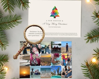 May include: A rectangular holiday card featuring a colorful geometric tree icon, the text A FEW PHOTOS & A Very Merry Christmas from the Ziemba family, and a collage of twelve personal photos, viewed through a gold-rimmed magnifying glass.