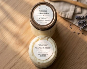 Homemade Whipped Tallow Balm Labels w/ Ingredients, Important Info - Set of 20 Front and Back (40 total) Stickers - Water & Oil Resistant