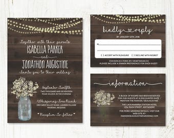 Wedding Invitation Template - Rustic Baby's Breath, Mason Jar, Fairy Lights & Wood Printable Set | PDF Instant Download Digital File Suite