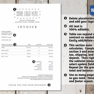 May include: A black and white invoice template with a place for a logo, customer information, product or service, cost, quantity, total cost, subtotal, tax, shipping, grand total, deposit, balance due, and payment information. The invoice template is numbered 1 through 5 with instructions for editing the template.