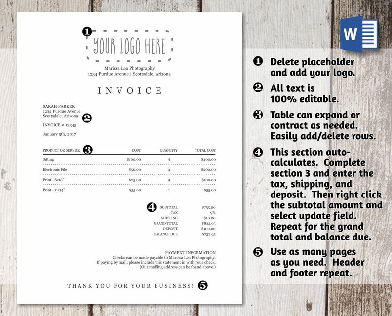 May include: A black and white invoice template with a place for a logo, customer information, product or service, cost, quantity, total cost, subtotal, tax, shipping, grand total, deposit, balance due, and payment information. The invoice template is numbered 1 through 5 with instructions for editing the template.