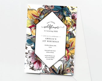 Wildflower Girls First / 1st Birthday Party Invitation Template, Printable Shabby Chic Invite & Evite, Retro Modern Flowers Download