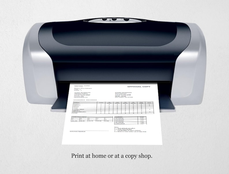 May include: A black and silver printer with a white sheet of paper coming out of the paper tray. The paper has a document with the text "OFFICIAL COPY" printed on it. Print at home or at a copy shop.