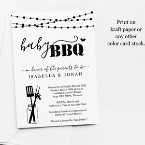May include: Black and white baby shower invitation with string lights at the top. The invitation says "baby BBQ" in honor of the parents to be Isabella & Jonah. The invitation includes details about the shower, including the date, time, location, and RSVP information.