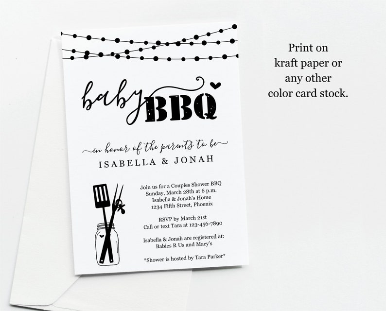 May include: Black and white baby shower invitation with string lights at the top. The invitation says "baby BBQ" in honor of the parents to be Isabella & Jonah. The invitation includes details about the shower, including the date, time, location, and RSVP information.
