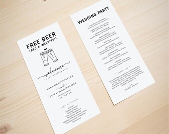 Funny Wedding Program Template - Fun Free Beer and a Wedding Brewery Printable Rack Card - DIY PDF Instant Download Half Page Digital File