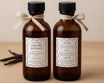 Homemade Vanilla Extract Labels with Instructions - Set of 18 Front and Back (36 in all) Personalized Gift Stickers - Water & Oil Resistant