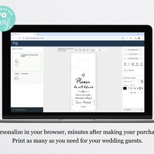 May include: A computer screen showing a website with a customisable wedding do not disturb door hanger template. The template features a heart, the text "Please do not disturb" and a space for the couple's names and wedding date.