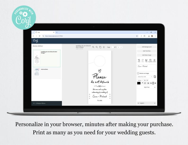 May include: A computer screen showing a website with a customisable wedding do not disturb door hanger template. The template features a heart, the text "Please do not disturb" and a space for the couple's names and wedding date.