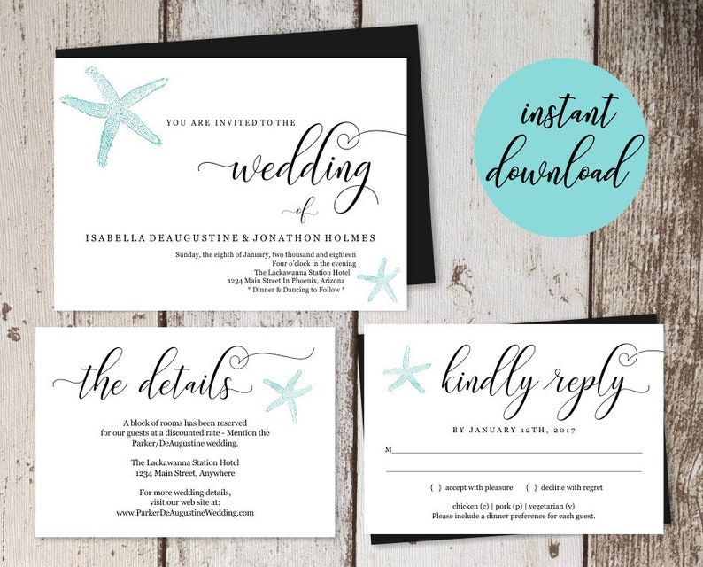 Beach Wedding Invitation Template Printable Starfish Set Etsy