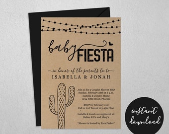 Baby Fiesta Invitation Template - Printable Mexican Theme Couple Baby Shower Invite - Cactus, Kraft Paper, Instant Download Digital File PDF