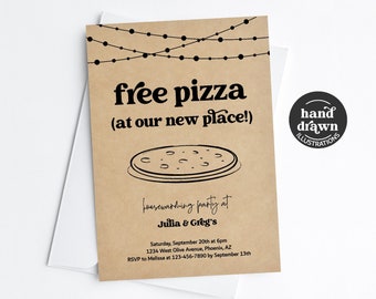 Pizza Housewarming Party Invitation Template, Printable Fun Funny Free Pizza Theme for New Home Invite Evite Download Digital Kraft