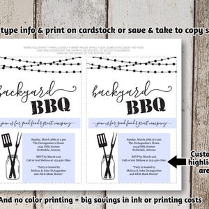 May include: Printable backyard BBQ invitation template with customizable text fields. The template features a black and white illustration of a mason jar with grilling tools, string lights, and the text "backyard BBQ".