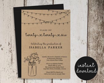 Rustic Graduation Invitation Template - Printable Party Invite - Women / Girls High School / College - Instant Download Digital File DIY PDF