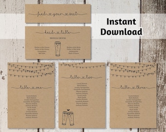 Brewery Wedding Seating Chart Card Template, Printable Rustic Beer Toast & Fairy Light Seating Plan on Kraft Paper, PDF Instant Download DIY