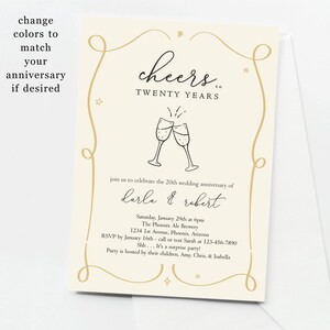 May include: A cream-colored invitation with gold accents and a black illustration of two champagne glasses clinking. The text reads "Cheers to Twenty Years" and includes the names "Carla & Robert" and details for a 20th wedding anniversary celebration.