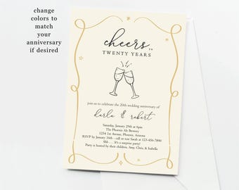Cheers Wedding Anniversary Party Invitation Template, Printable Hand Drawn Wine Champagne Invite 25th 25 40th 40 50th 50 Year Surprise