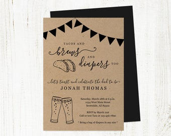 Tacos and Brews Diaper Too Invitation Template, Printable Daddy Guy Men Mexican Baby Shower Party Invite Evite Instant Download Digital File