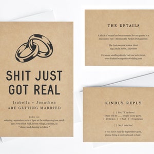 Modello di invito a nozze divertente, set stampabile Shit Just Got Real, invito divertente, carta Kraft rustica, download immediato di file digitali PDF Suite