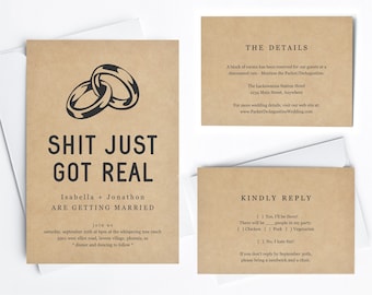 Funny Wedding Invitation Template, Shit Just Got Real Printable Set, Fun Invite, Rustic Kraft Paper, Instant Download Digital File PDF Suite