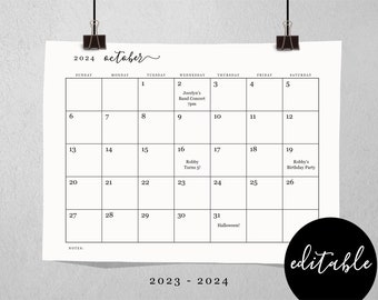 Editable Monthly Calendar Template - Printable 2023 and 2024 Desk Month Calendar - Simple Black & White - PDF Instant Download Digital File