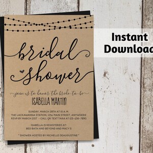 May include: A printable bridal shower invitation with a rustic brown background and black text. The invitation features a string of lights, the words "bridal shower", and the bride-to-be's name, Isabella Martin. The invitation includes the date, time, location, RSVP information, and registry details.
