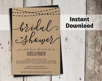 Bridal Shower Invitation Printable Template - Rustic String Lights, Calligraphy, Kraft Paper Wedding Shower - Instant Download Digital File