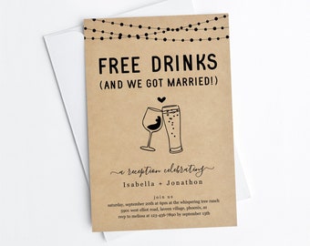 Funny Reception Only Invitation Template, Fun Printable Free Drinks Wedding Reception Wine Beer Invite Evite, Instant Download Digital File