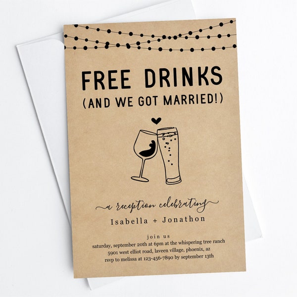 Funny Reception Only Invitation Template, Fun Printable Free Drinks Wedding Reception Wine Beer Invite Evite, Instant Download Digital File