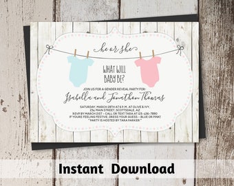 Rustic Gender Reveal Invitation Download, Printable Template, Instant Digital File Editable PDF, He or She Pink & Blue Onesie, Twin Multiple