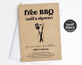 Free BBQ Funny Couple's Shower Invitation Template, Fun Printable Wedding Bridal Shower Barbeque Picnic Invite Evite, Download Digital File