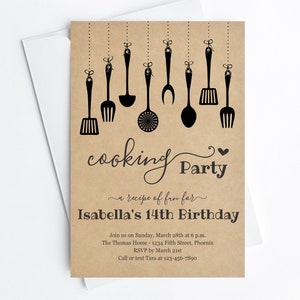 Modèle d'Invitation de fête d'anniversaire de cuisine, invitation imprimable Evite, fille femmes adulte thème facile téléchargement instantané fichier numérique PDF