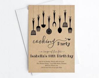 Cooking Birthday Party Invitation Template, Printable Invite Evite, Girl Women Adult Theme Easy Instant Download Digital File PDF