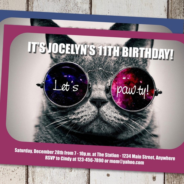 Cat Invitation Template - Printable Cool Cat Birthday Party Invite & Evite - Kitty Instant Download Digital File - Girl / Boy Tween Funny