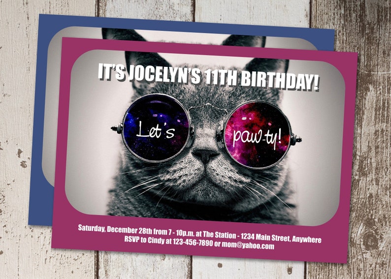 May include: A pink and blue birthday invitation with a cat wearing sunglasses that say "Let's paw-ty!" The text reads "It's Jocelyn's 11th Birthday!" and includes details for the party.