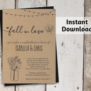 Fall in Love Invitation Template - Couple / Bridal Shower, Engagement Party, Rehearsal Dinner, Reception Only - Printable Rustic Floral Leaf