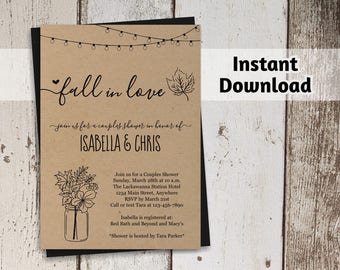 Fall in Love Invitation Template - Couple / Bridal Shower, Engagement Party, Rehearsal Dinner, Reception Only - Printable Rustic Floral Leaf