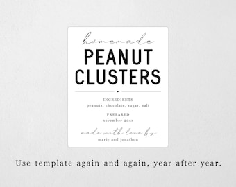 Homemade Peanut Clusters Label Template - Printable Gift Sticker, Personalize Custom Editable PDF Digital File Instant Download DIY