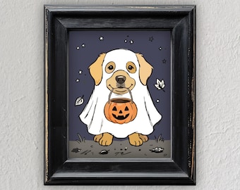 May include: A framed illustration of a golden-colored dog wearing a white ghost costume. The dog holds an orange jack-o'-lantern candy bucket in its mouth. The background is a dark purple sky with small white stars and scattered autumn leaves.