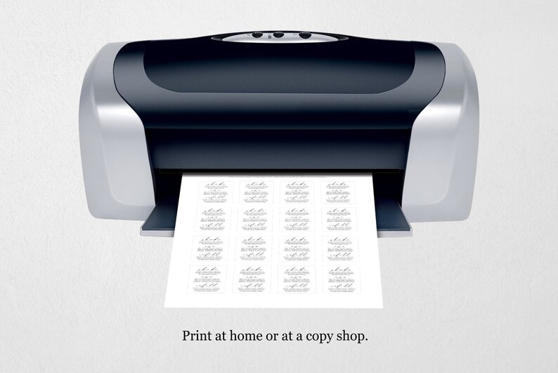May include: A black and silver desktop printer feeding a white sheet of paper with a grid of twenty small rectangular labels featuring black text. Below the printer, the text reads: Print at home or at a copy shop.