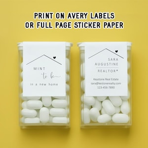 May include: Two clear plastic containers filled with white mints, each with a white label. One label reads "Mint to be in a new home." The other label has a realtor's name and contact info. The background is yellow.