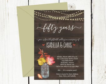 Fall Wedding Anniversary Invitation - Rustic Watercolor Floral Leaf Party Template - 5th 10th 15th 20th 25th 30th 40th 50th 60th 70th - Wood