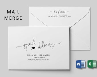 Graduation Address Envelope Template Microsoft Word Mail Merge, Printable Class of 2022 Grad Calligraphy Instant Download Digital File A7 A9